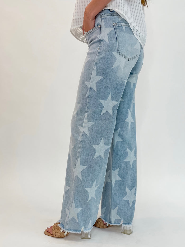Risen High Rise Faded Star Wide Leg Jeans