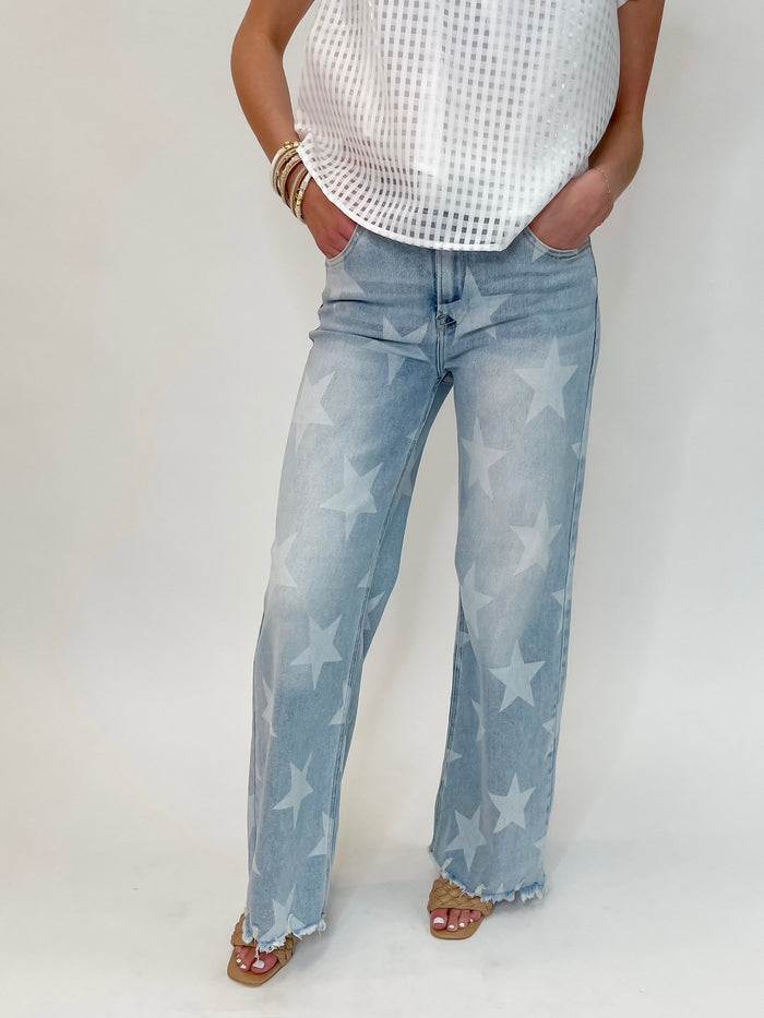 Risen High Rise Faded Star Wide Leg Jeans