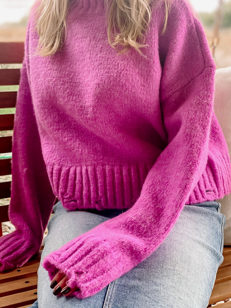Bright Fuchsia Sweater With Distressed Hem