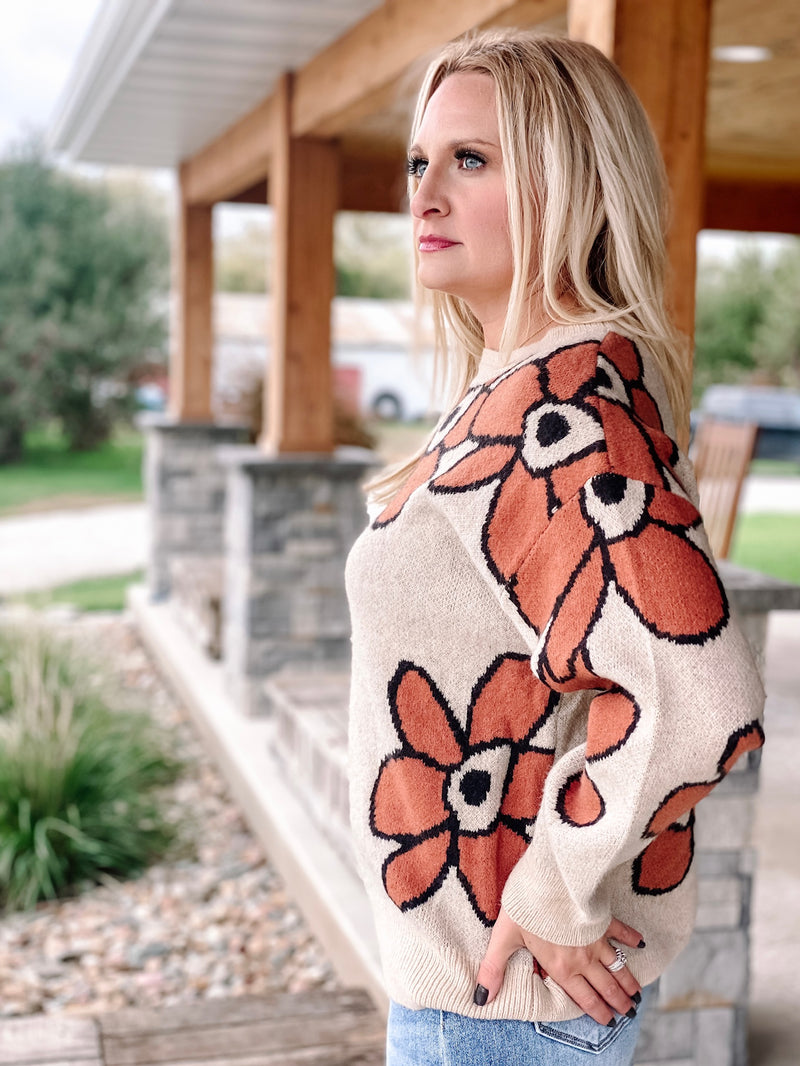 Black Tracing Bubble Flower Sweater Tan and Orange