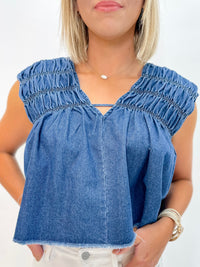 Denim Smocked V-Neck Top
