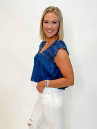 Denim Smocked V-Neck Top