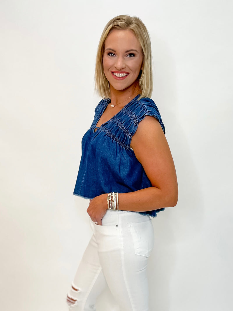 Denim Smocked V-Neck Top