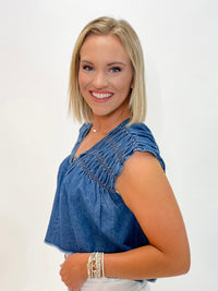 Denim Smocked V-Neck Top