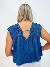 Denim Smocked V-Neck Top