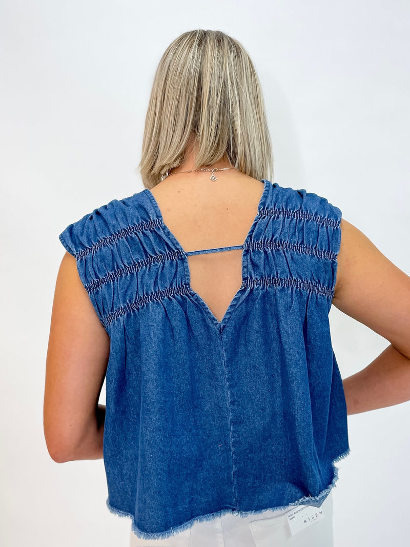 Denim Smocked V-Neck Top