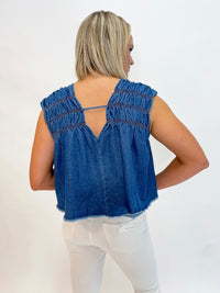 Denim Smocked V-Neck Top