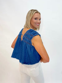 Denim Smocked V-Neck Top