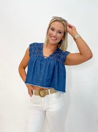 Denim Smocked V-Neck Top