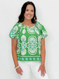 Geo Bloom Puff Sleeve Top
