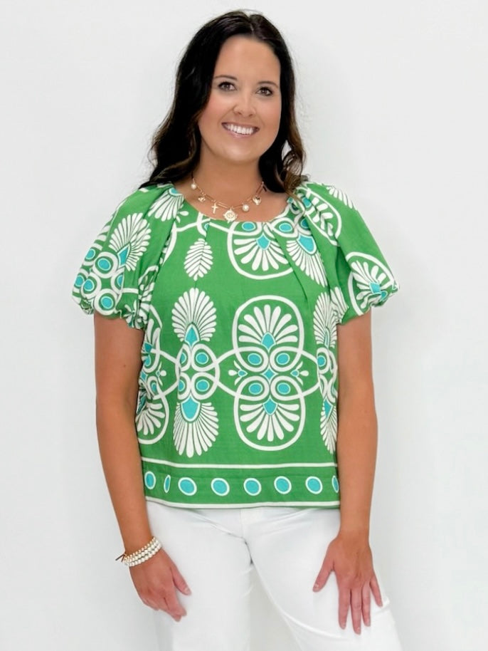 Geo Bloom Puff Sleeve Top
