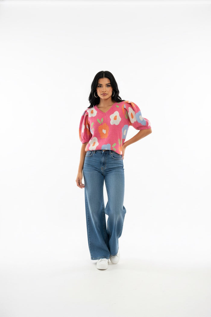 Everyday Bloom Puff Sleeve Sweater- Fuchsia