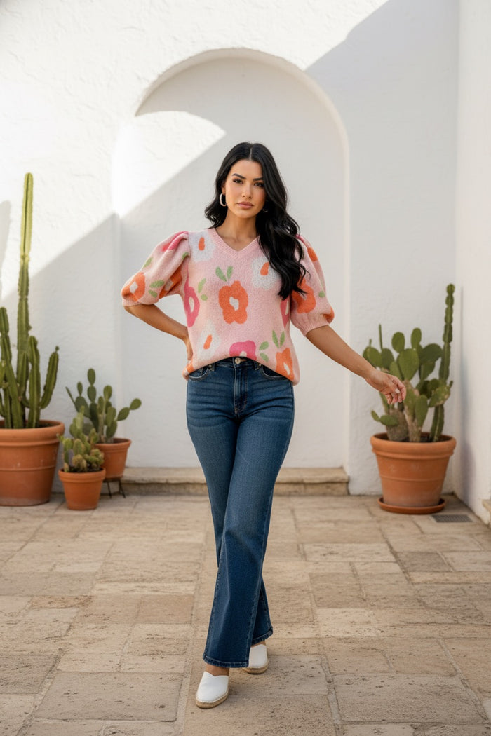 Everyday Bloom Puff Sleeve Sweater- Blush Pink