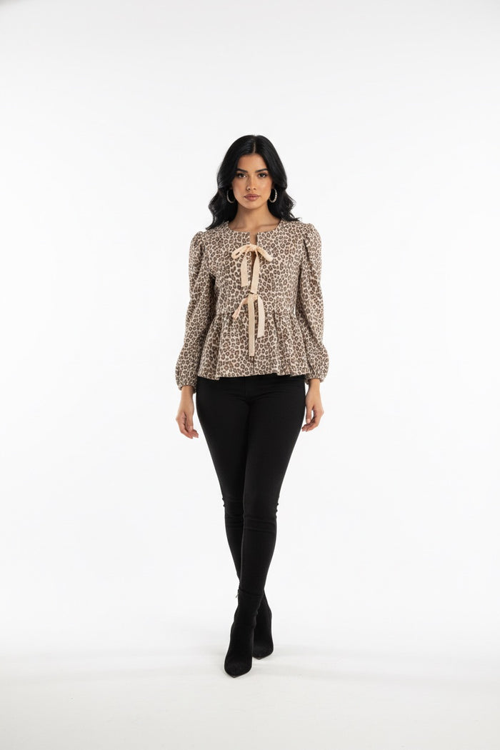 Ivory Leopard Tie-Front Peplum Jacket