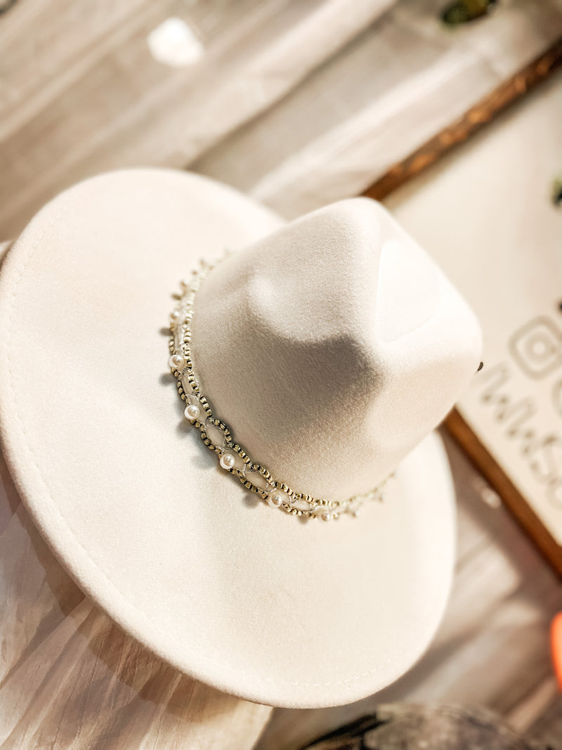 Ivory Wide Brim Hat With Pearl Band