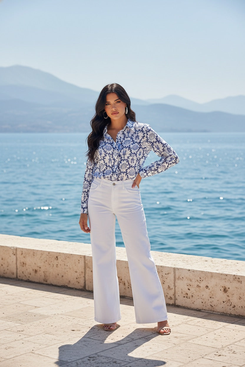 Blue & Ivory Coastal Print Button-Down