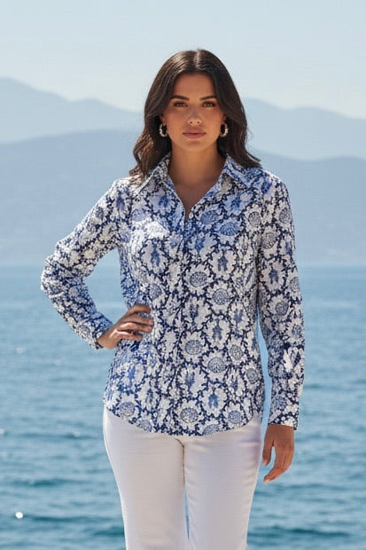 Blue & Ivory Coastal Print Button-Down