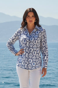 Blue & Ivory Coastal Print Button-Down