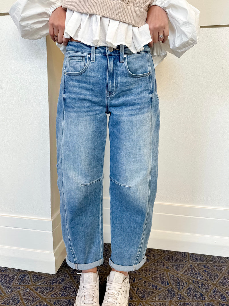 Risen Medium Wash High-Rise Boyfriend Cuffed Barrel Jeans