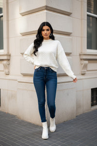 Ivory Chevron Textured Knit Sweater