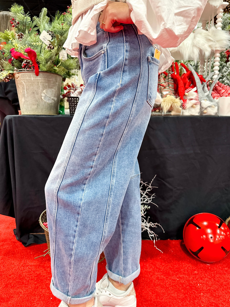Risen Medium Wash High-Rise Boyfriend Cuffed Barrel Jeans