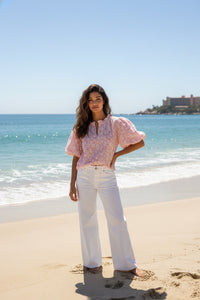 Pink & White Brocade Puff Sleeve Top