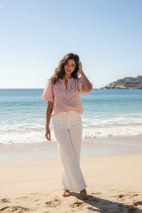 Pink & White Brocade Puff Sleeve Top