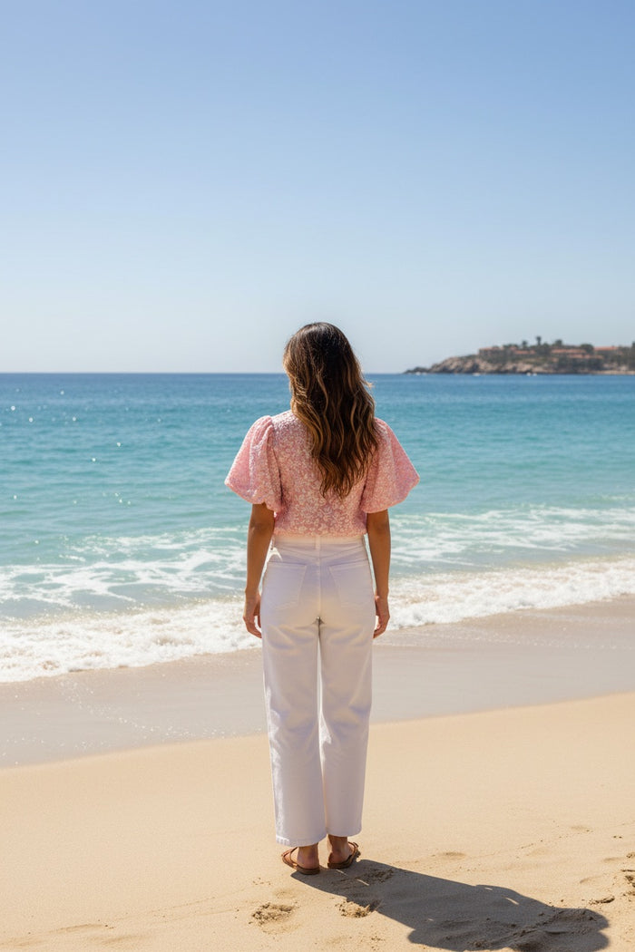 Pink & White Brocade Puff Sleeve Top