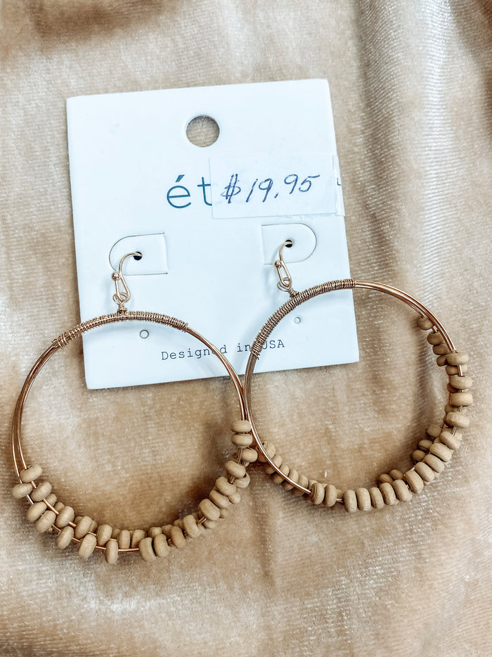 Wooden Beads Hoop Earrings Tan