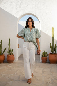 Mint & White Brocade Puff Sleeve Top