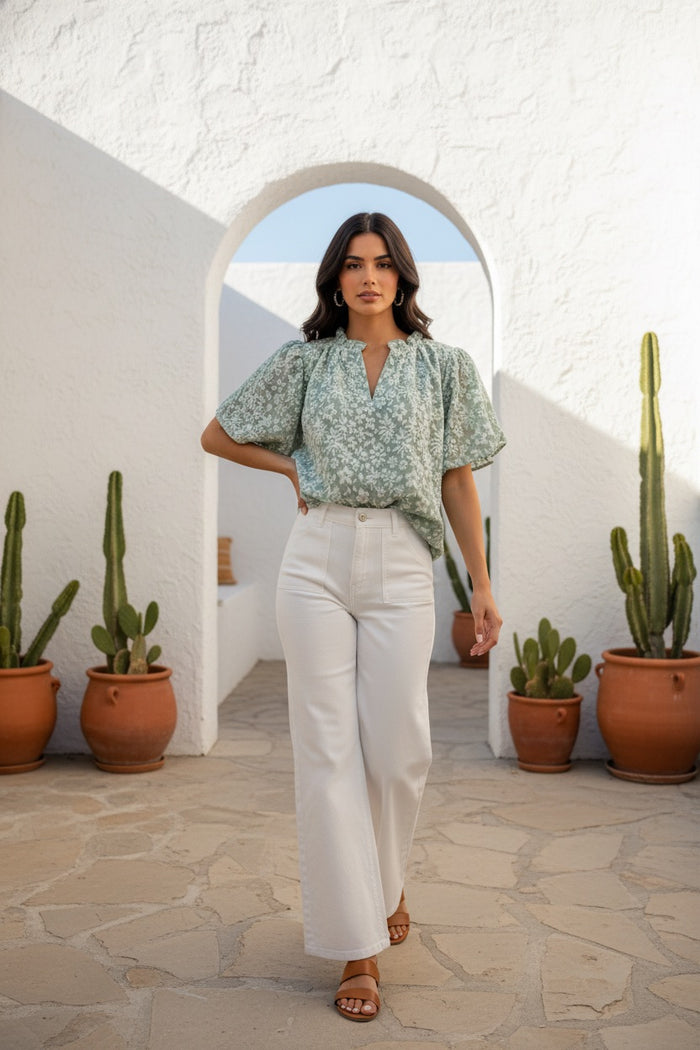 Mint & White Brocade Puff Sleeve Top