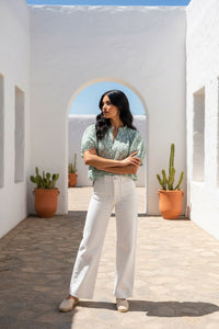 Mint & White Brocade Puff Sleeve Top