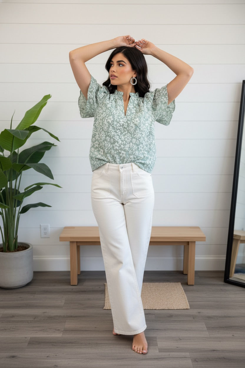 Mint & White Brocade Puff Sleeve Top