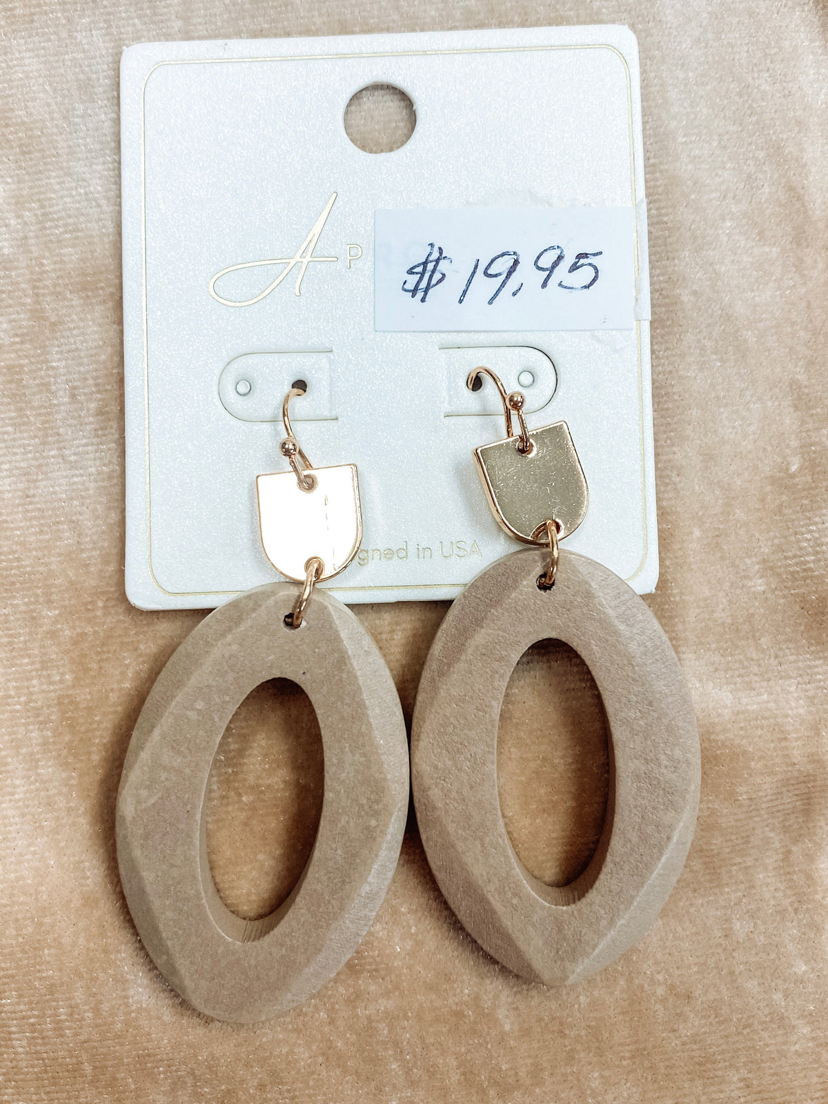 Tan and Gold Oval Drop Earrings