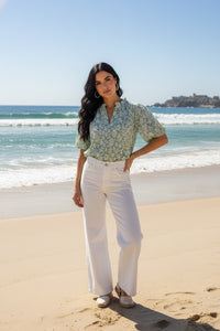 Mint & White Brocade Puff Sleeve Top