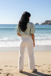 Mint & White Brocade Puff Sleeve Top