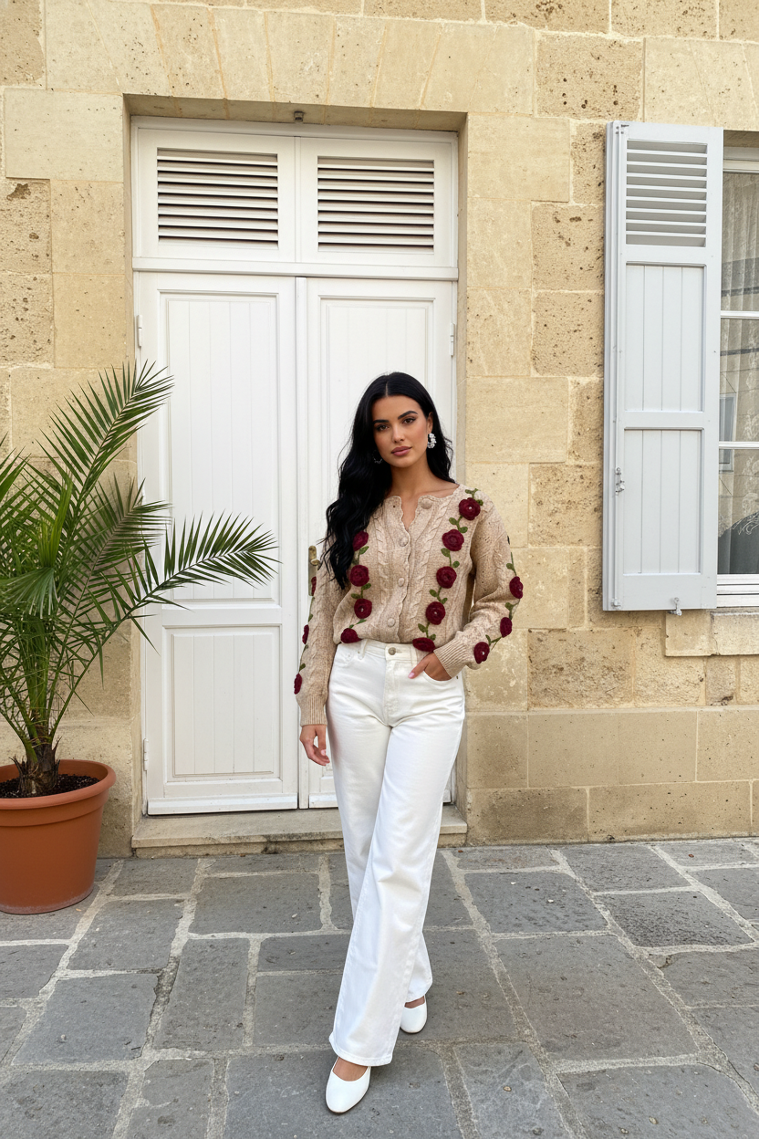 Embroidered Rose Cable Knit Cardigan Sweaters