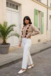 Embroidered Rose Cable Knit Cardigan Sweaters