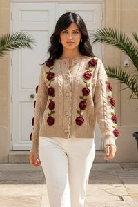 Embroidered Rose Cable Knit Cardigan Sweaters