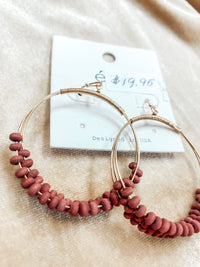 Wooden Bead Hoop Earrings Maroon