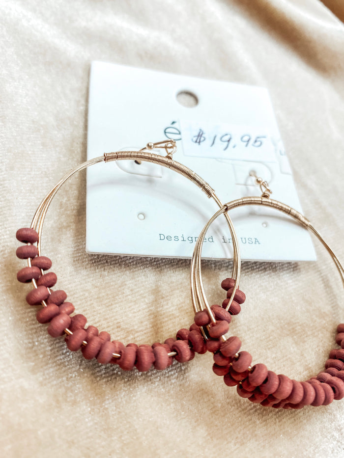 Wooden Bead Hoop Earrings Maroon