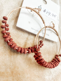 Wooden Bead Hoop Earrings Maroon