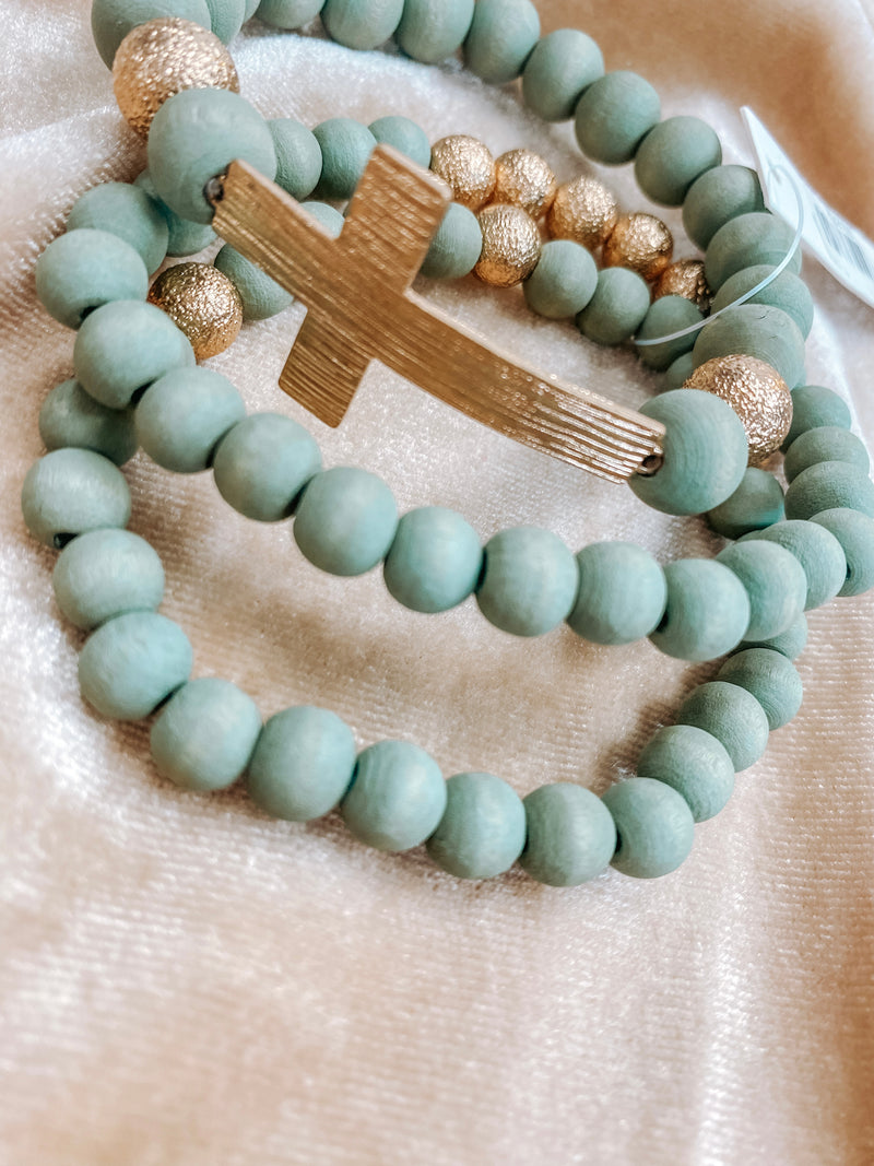 Teal and Gold Cross Bracelet 3 Piece