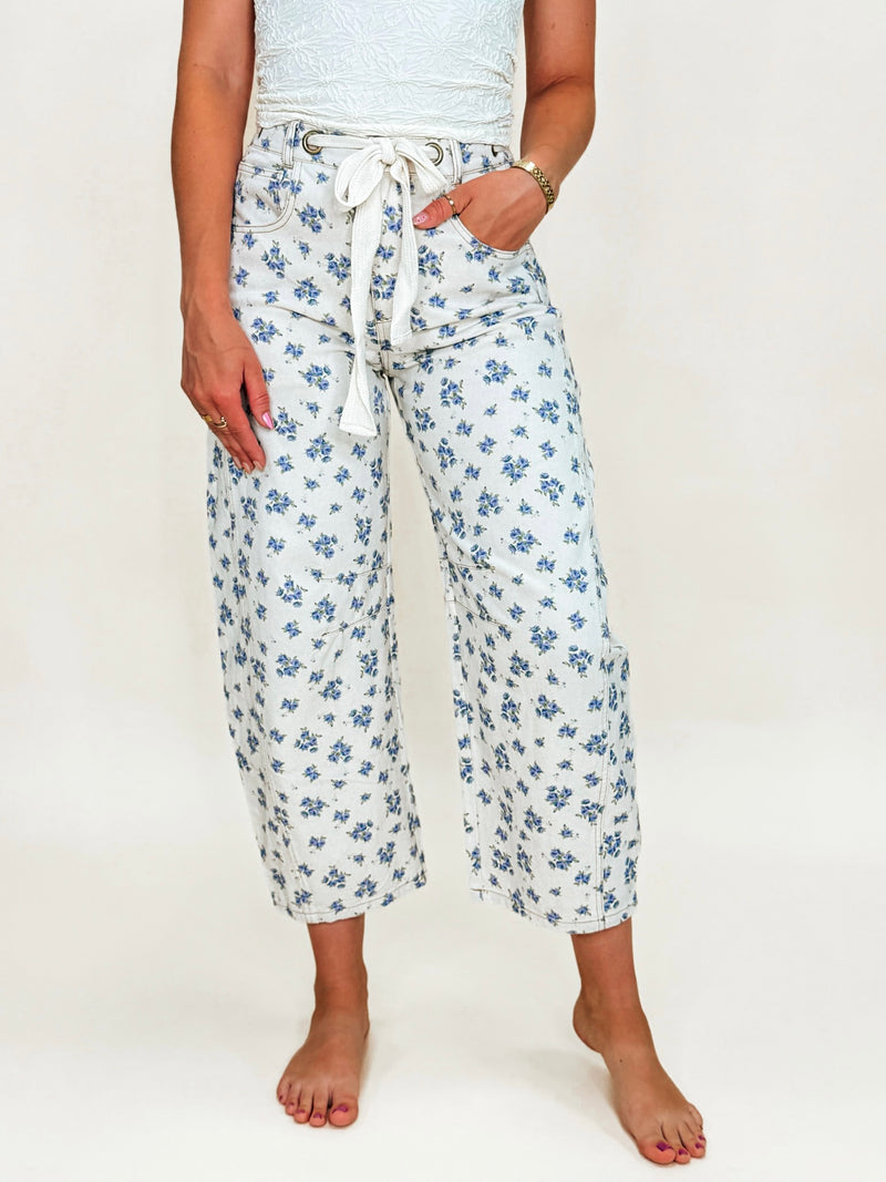 Cream Floral Barrel Jeans With Tie Waist