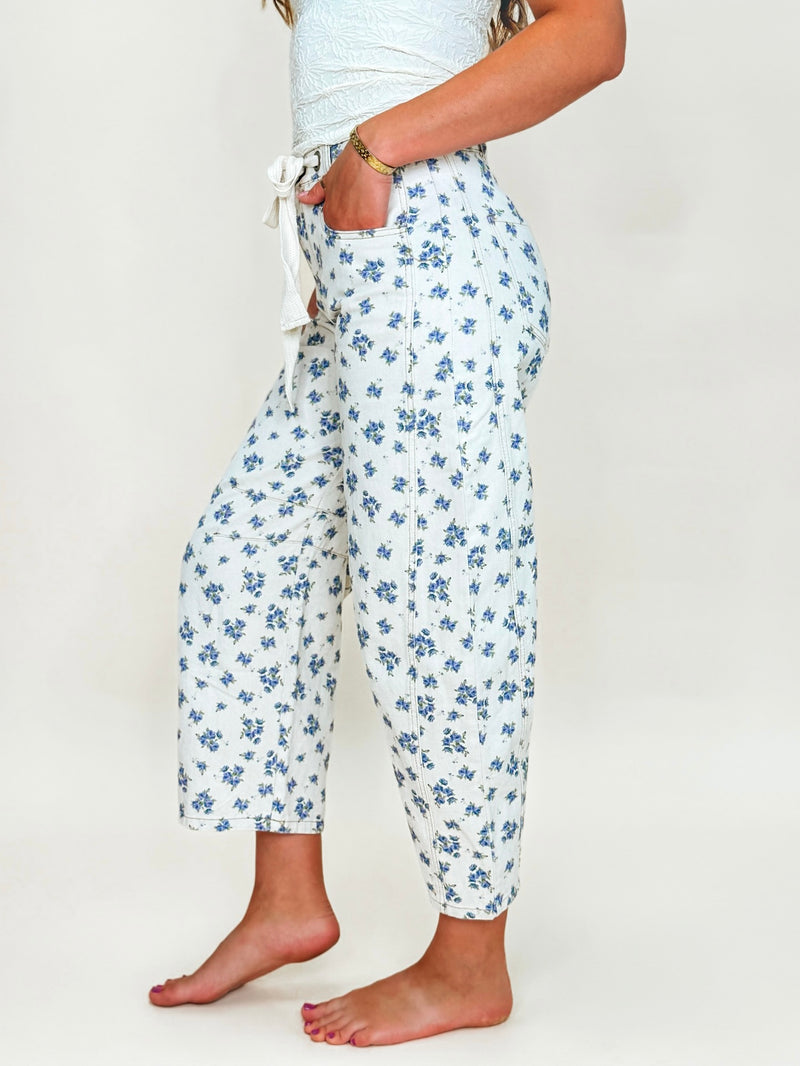 Cream Floral Barrel Jeans With Tie Waist