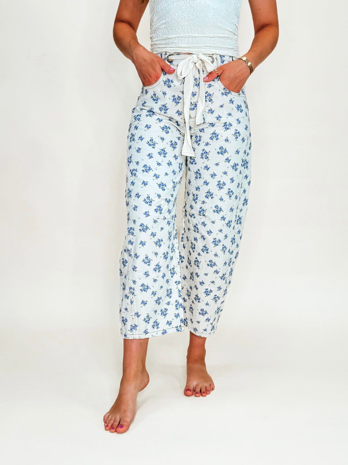Cream Floral Barrel Jeans With Tie Waist