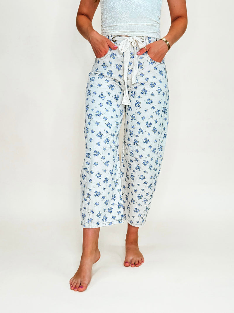 Cream Floral Barrel Jeans With Tie Waist