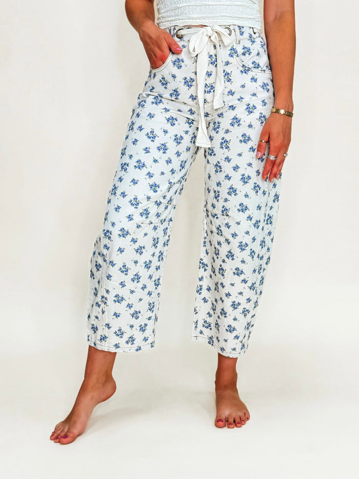Cream Floral Barrel Jeans With Tie Waist