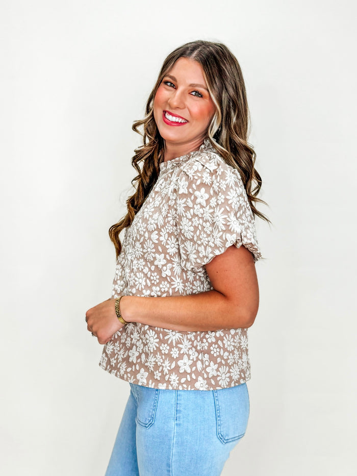 Daisy Dusk Puff Sleeve Blouse- Mocha Brown