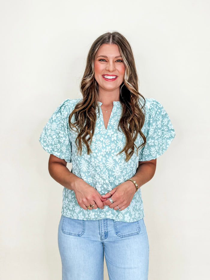 Daisy Dusk Puff Sleeve Blouse-Sage